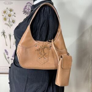 Vintage 90s Y2k Tan Lace Up Small Bag Phone Acc Trashy McBling Gyaru Bimbo Sexy